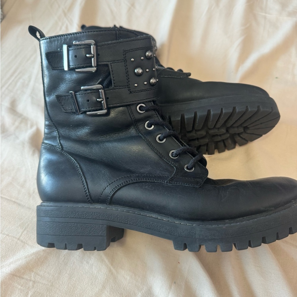 Black Leather Combat Boots with Buckles